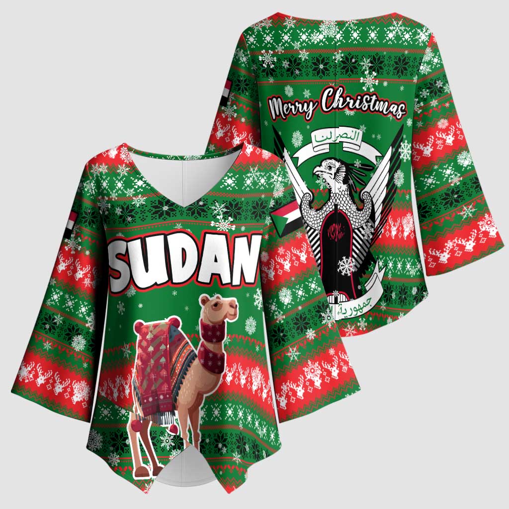 Sudan Christmas Kimono Sleeve Blouse with Green Red Xmas Camel Snowflake and Coat of Arms - Wonder Print Shop