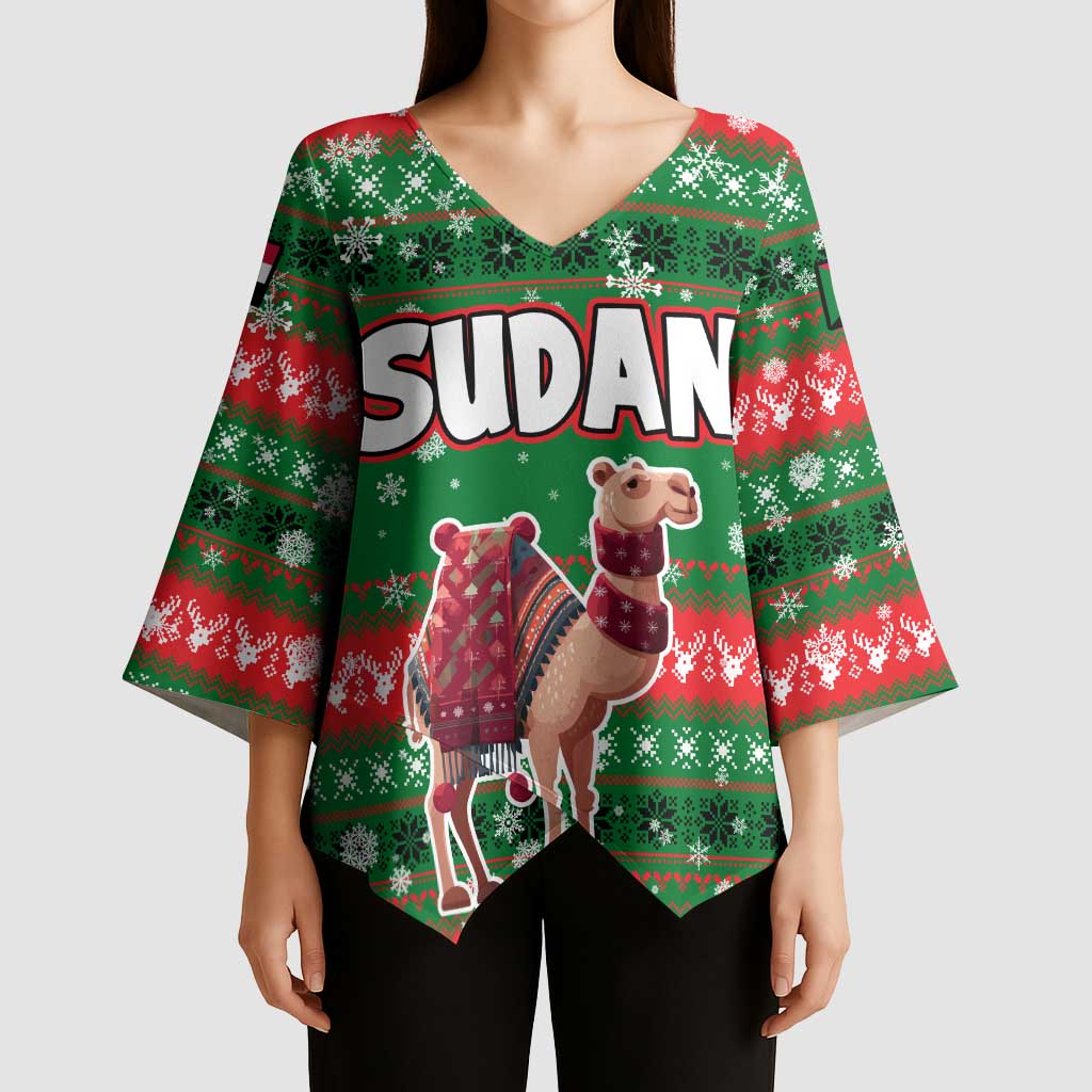 Sudan Christmas Kimono Sleeve Blouse with Green Red Xmas Camel Snowflake and Coat of Arms - Wonder Print Shop