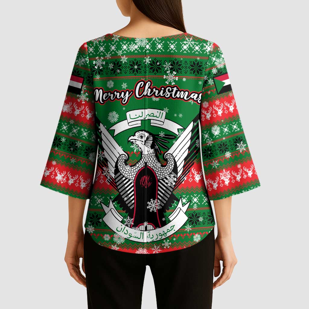 Sudan Christmas Kimono Sleeve Blouse with Green Red Xmas Camel Snowflake and Coat of Arms - Wonder Print Shop