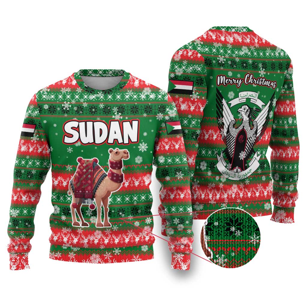 Sudan Christmas Ugly Christmas Sweater with Green Red Xmas Camel Snowflake and Coat of Arms - Wonder Print Shop