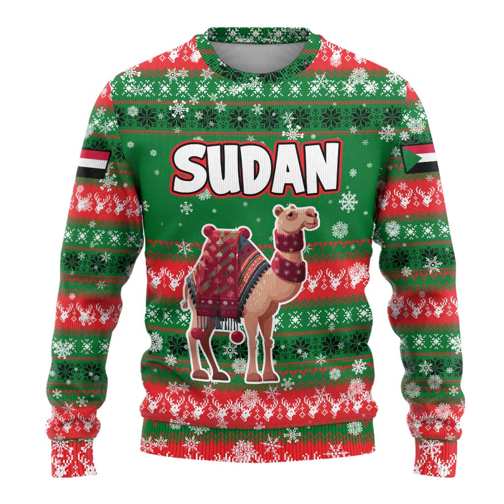 Sudan Christmas Ugly Christmas Sweater with Green Red Xmas Camel Snowflake and Coat of Arms - Wonder Print Shop