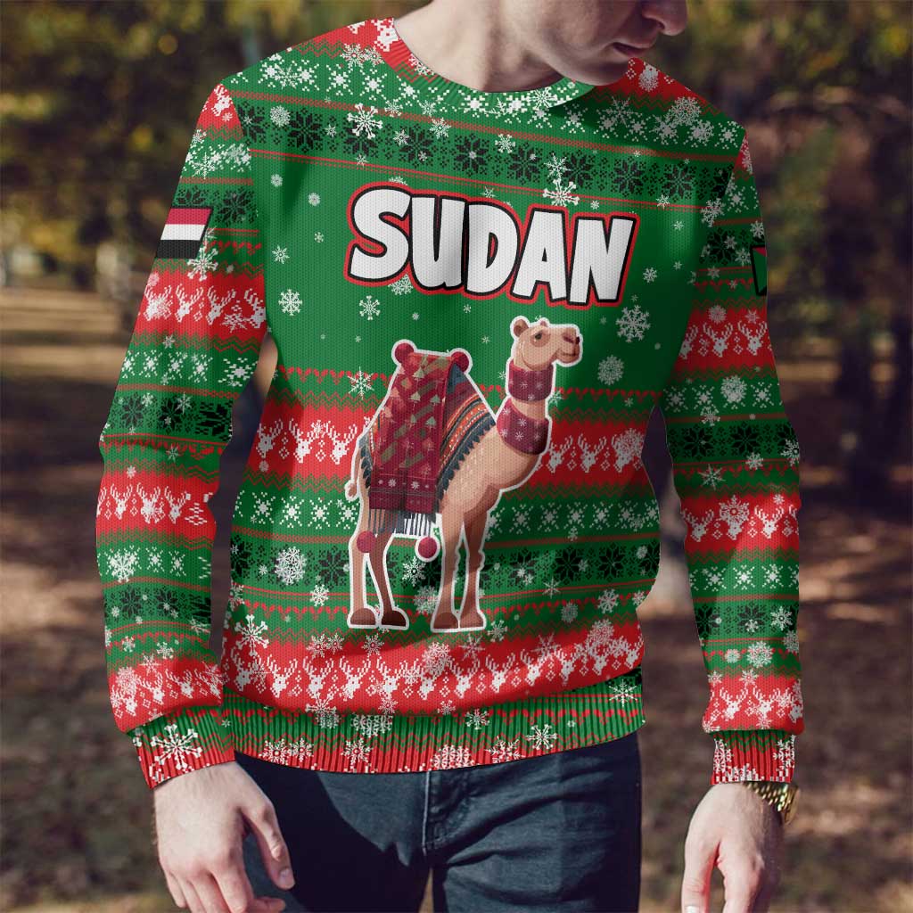 Sudan Christmas Ugly Christmas Sweater with Green Red Xmas Camel Snowflake and Coat of Arms - Wonder Print Shop
