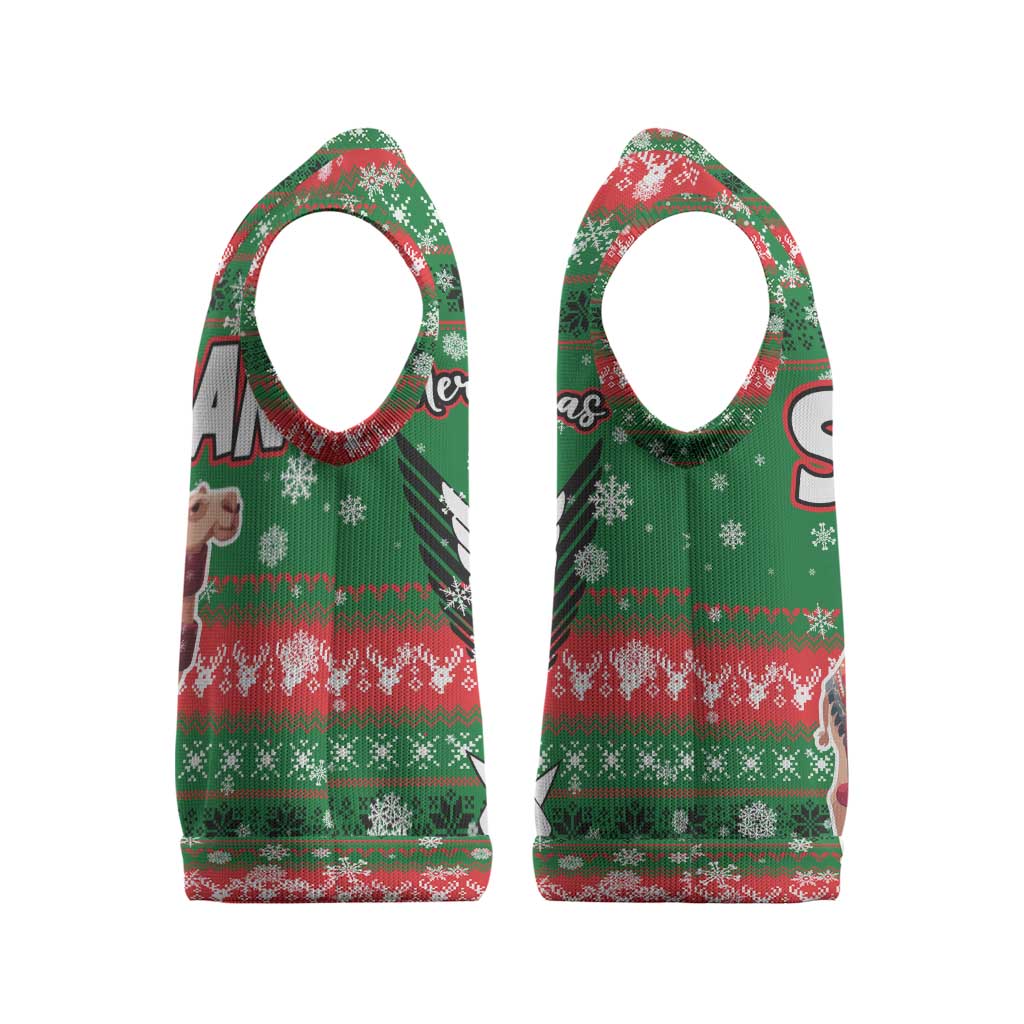 Sudan Christmas Knitted V-Neck Vest with Green Red Xmas Camel Snowflake and Coat of Arms - Wonder Print Shop