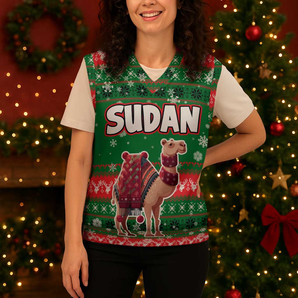 Sudan Christmas Knitted V-Neck Vest with Green Red Xmas Camel Snowflake and Coat of Arms - Wonder Print Shop