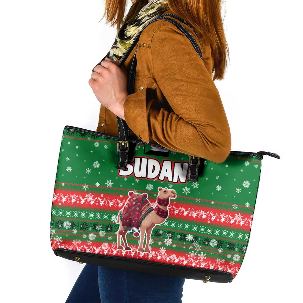 Sudan Christmas Leather Tote Bag with Green Red Xmas Camel Snowflake and Coat of Arms - Wonder Print Shop
