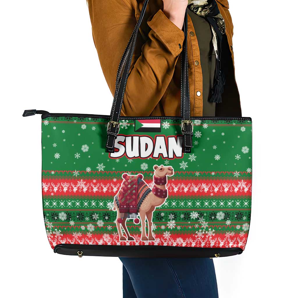Sudan Christmas Leather Tote Bag with Green Red Xmas Camel Snowflake and Coat of Arms - Wonder Print Shop