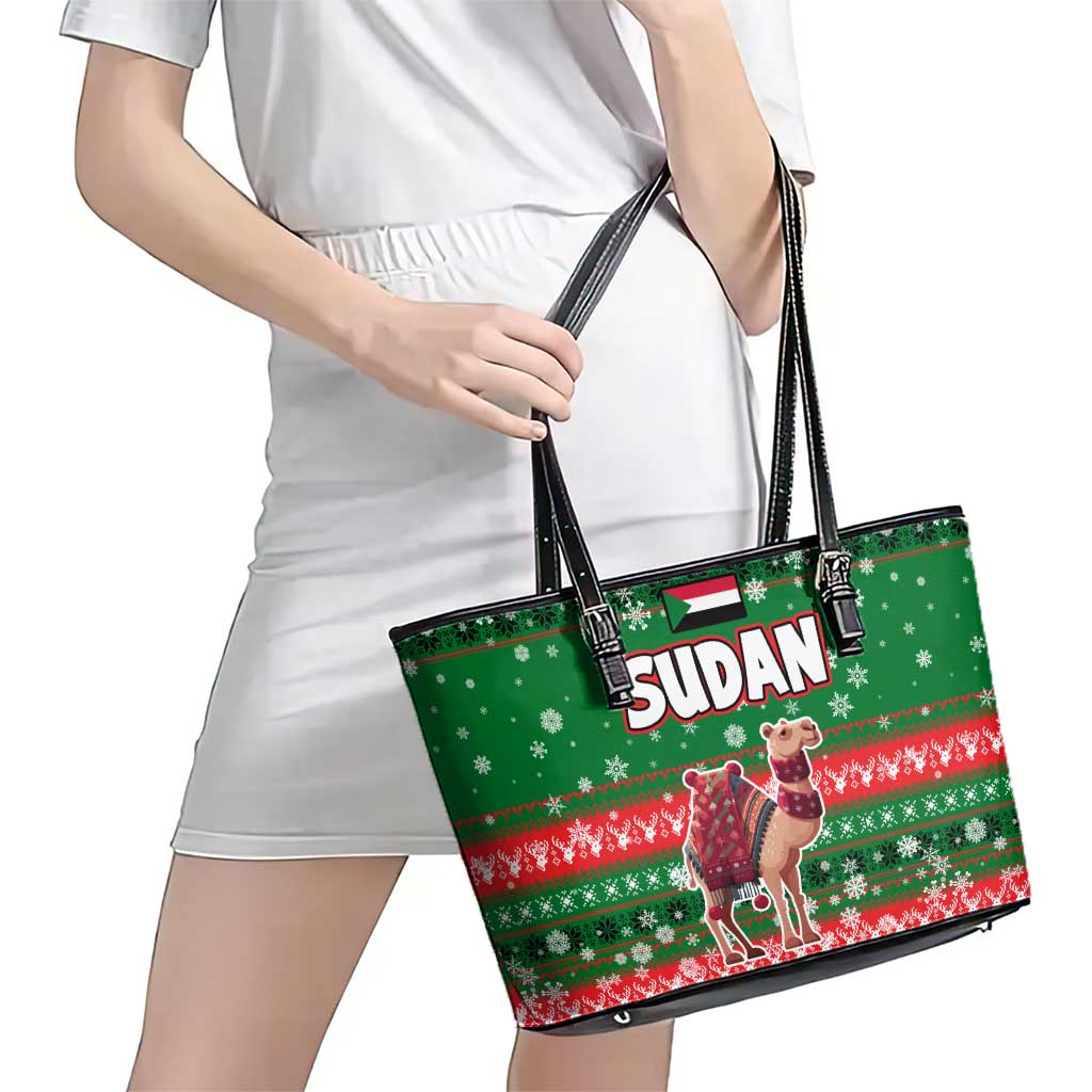 Sudan Christmas Leather Tote Bag with Green Red Xmas Camel Snowflake and Coat of Arms - Wonder Print Shop