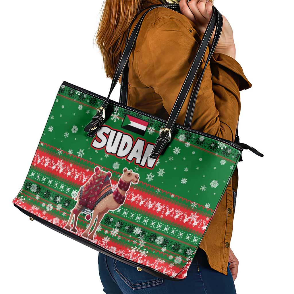 Sudan Christmas Leather Tote Bag with Green Red Xmas Camel Snowflake and Coat of Arms - Wonder Print Shop