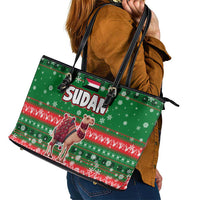 Sudan Christmas Leather Tote Bag with Green Red Xmas Camel Snowflake and Coat of Arms - Wonder Print Shop