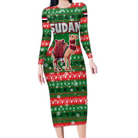 Sudan Christmas Long Sleeve Bodycon Dress with Green Red Xmas Camel Snowflake and Coat of Arms - Wonder Print Shop