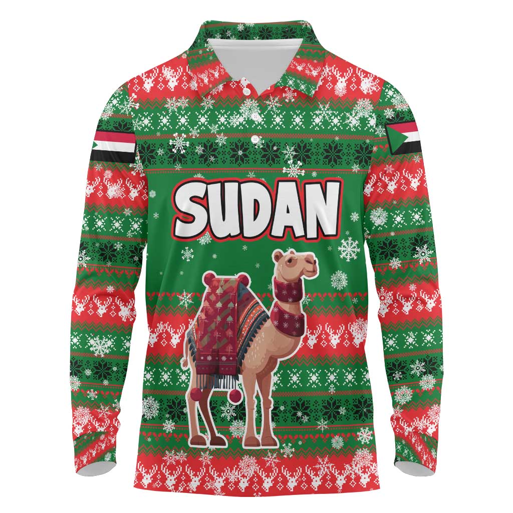 Sudan Christmas Long Sleeve Polo Shirt with Green Red Xmas Camel Snowflake and Coat of Arms - Wonder Print Shop