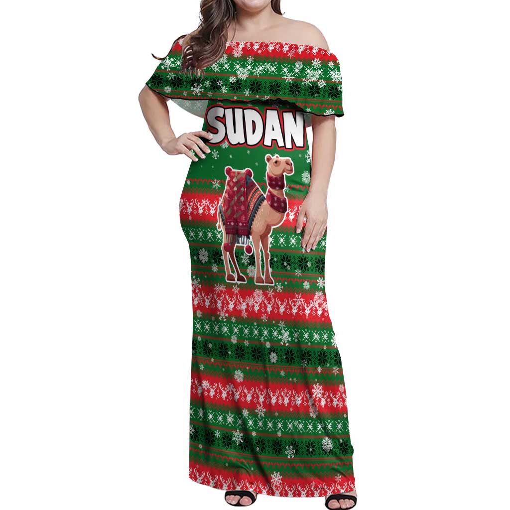 Sudan Christmas Off Shoulder Maxi Dress with Green Red Xmas Camel Snowflake and Coat of Arms - Wonder Print Shop