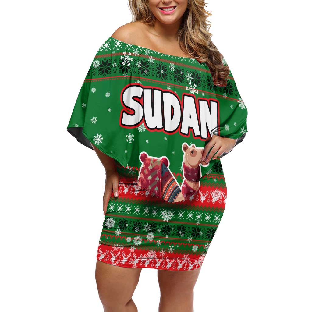 Sudan Christmas Off Shoulder Short Dress with Green Red Xmas Camel Snowflake and Coat of Arms - Wonder Print Shop