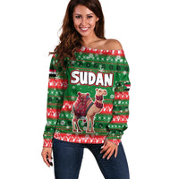 Sudan Christmas Off Shoulder Sweater with Green Red Xmas Camel Snowflake and Coat of Arms - Wonder Print Shop