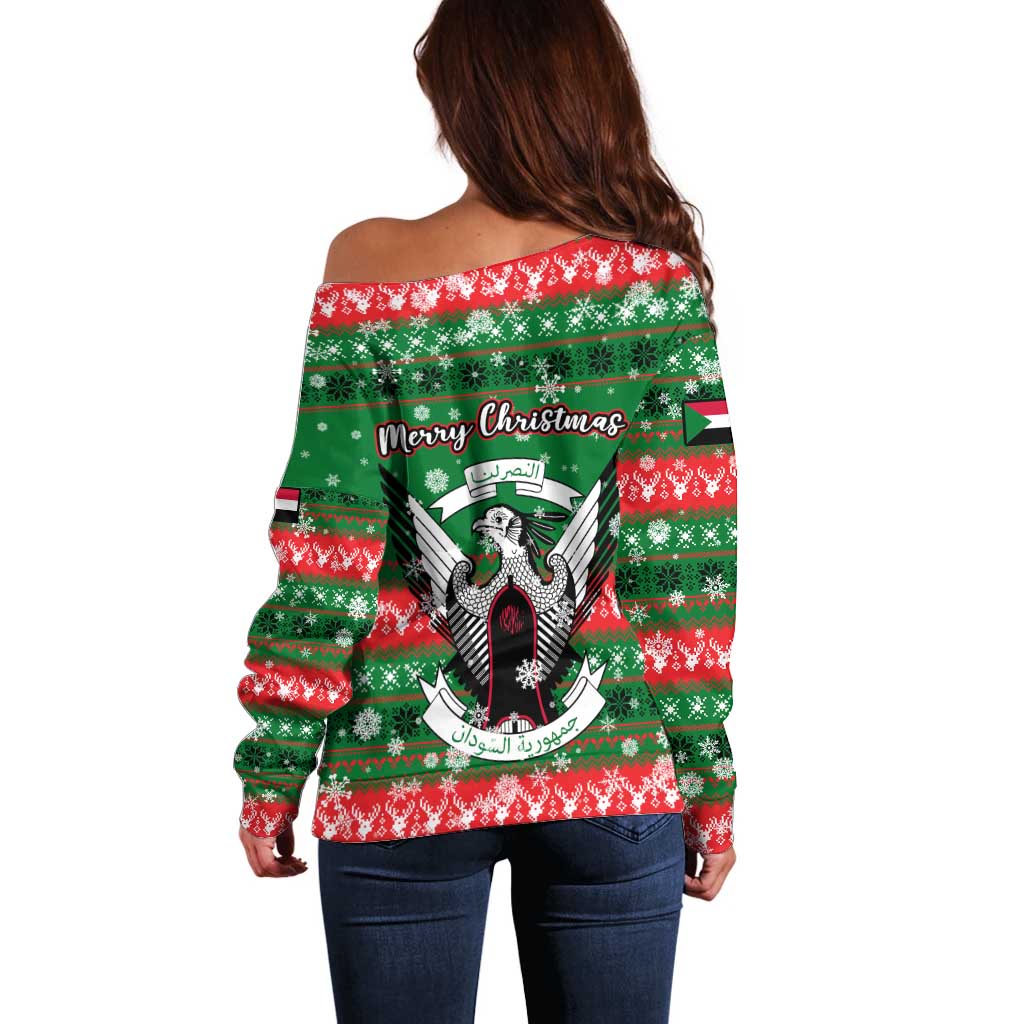 Sudan Christmas Off Shoulder Sweater with Green Red Xmas Camel Snowflake and Coat of Arms - Wonder Print Shop