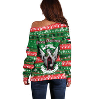 Sudan Christmas Off Shoulder Sweater with Green Red Xmas Camel Snowflake and Coat of Arms - Wonder Print Shop