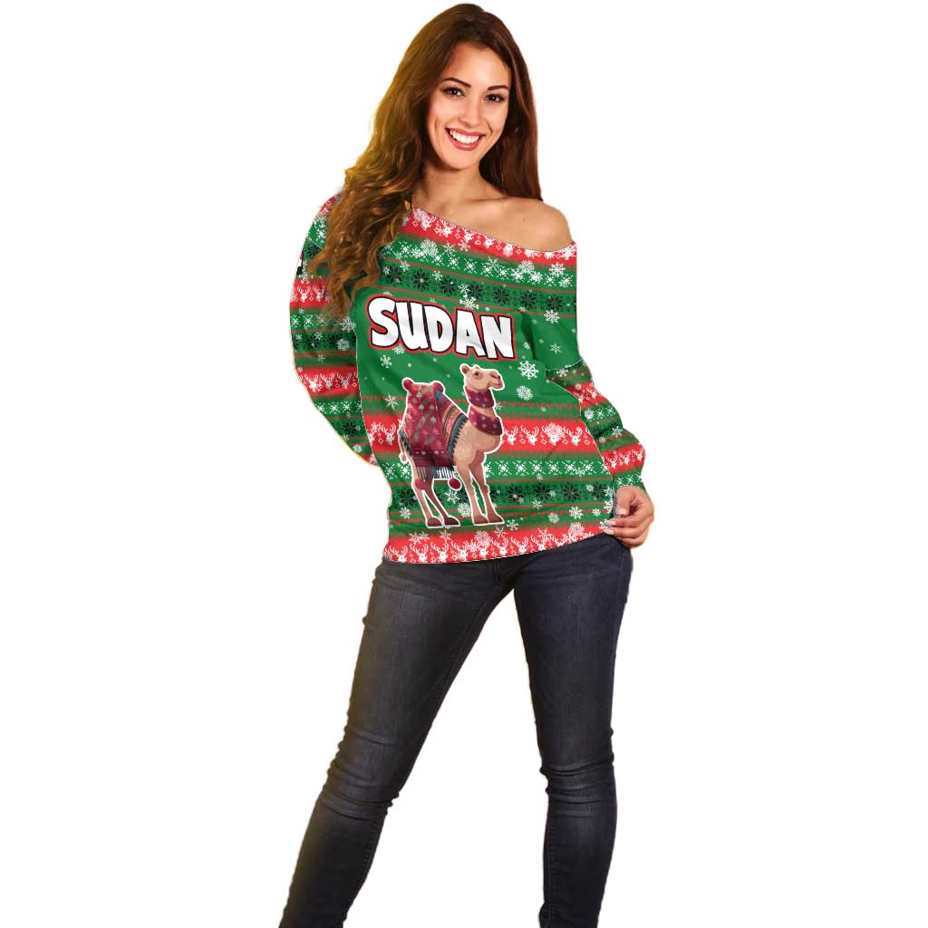 Sudan Christmas Off Shoulder Sweater with Green Red Xmas Camel Snowflake and Coat of Arms - Wonder Print Shop