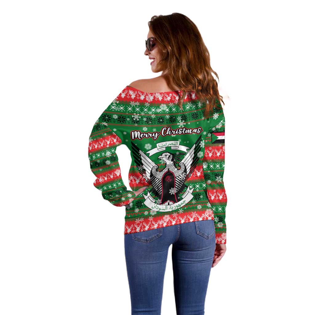 Sudan Christmas Off Shoulder Sweater with Green Red Xmas Camel Snowflake and Coat of Arms - Wonder Print Shop