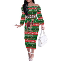 Sudan Christmas Off The Shoulder Long Sleeve Dress with Green Red Xmas Camel Snowflake and Coat of Arms - Wonder Print Shop