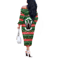 Sudan Christmas Off The Shoulder Long Sleeve Dress with Green Red Xmas Camel Snowflake and Coat of Arms - Wonder Print Shop