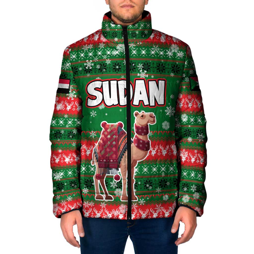 Sudan Christmas Padded Jacket with Green Red Xmas Camel Snowflake and Coat of Arms - Wonder Print Shop