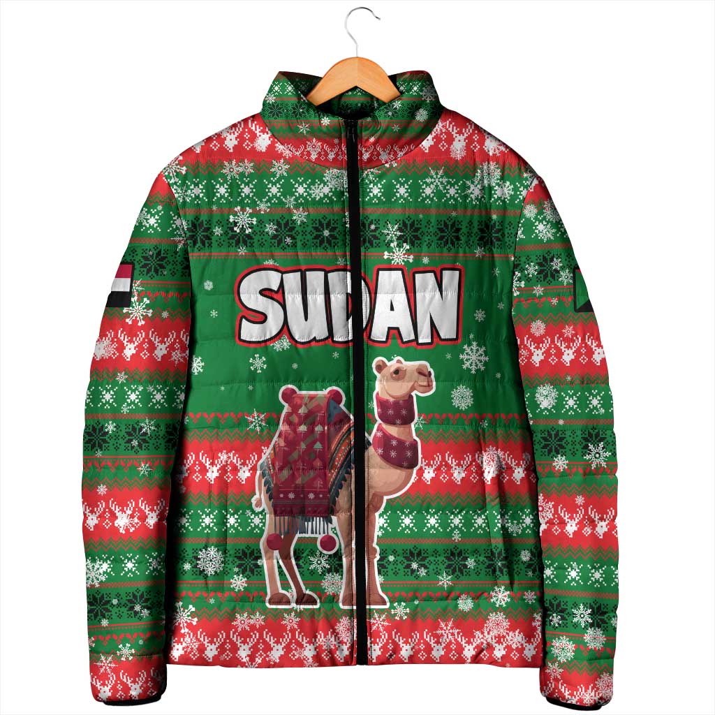 Sudan Christmas Padded Jacket with Green Red Xmas Camel Snowflake and Coat of Arms - Wonder Print Shop