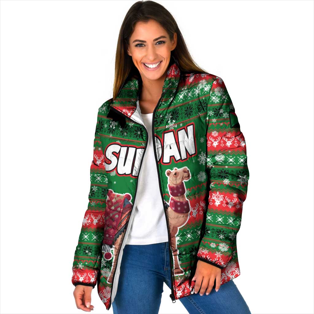Sudan Christmas Padded Jacket with Green Red Xmas Camel Snowflake and Coat of Arms - Wonder Print Shop