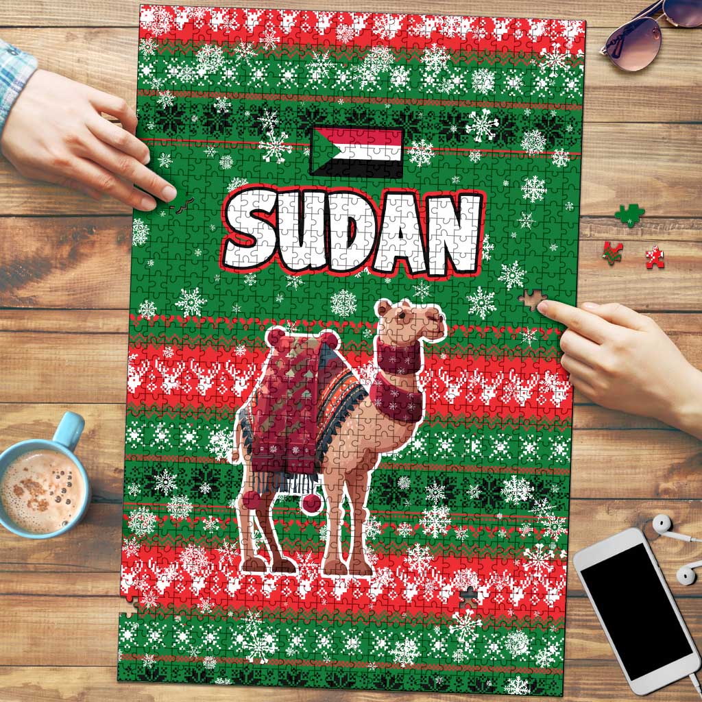 Sudan Christmas Puzzle with Green Red Xmas Camel Snowflake and Coat of Arms - Wonder Print Shop
