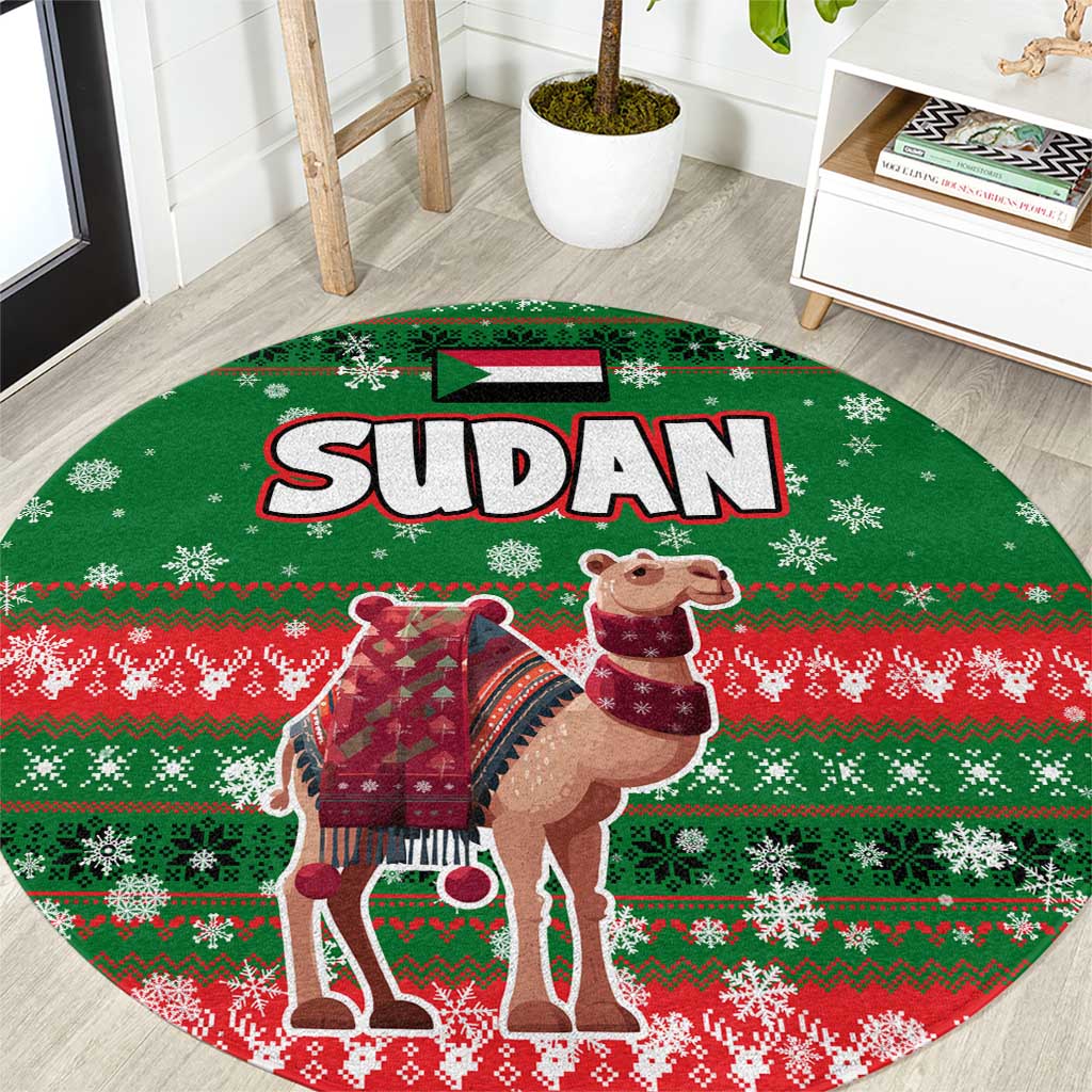 Sudan Christmas Round Carpet with Green Red Xmas Camel Snowflake and Coat of Arms - Wonder Print Shop