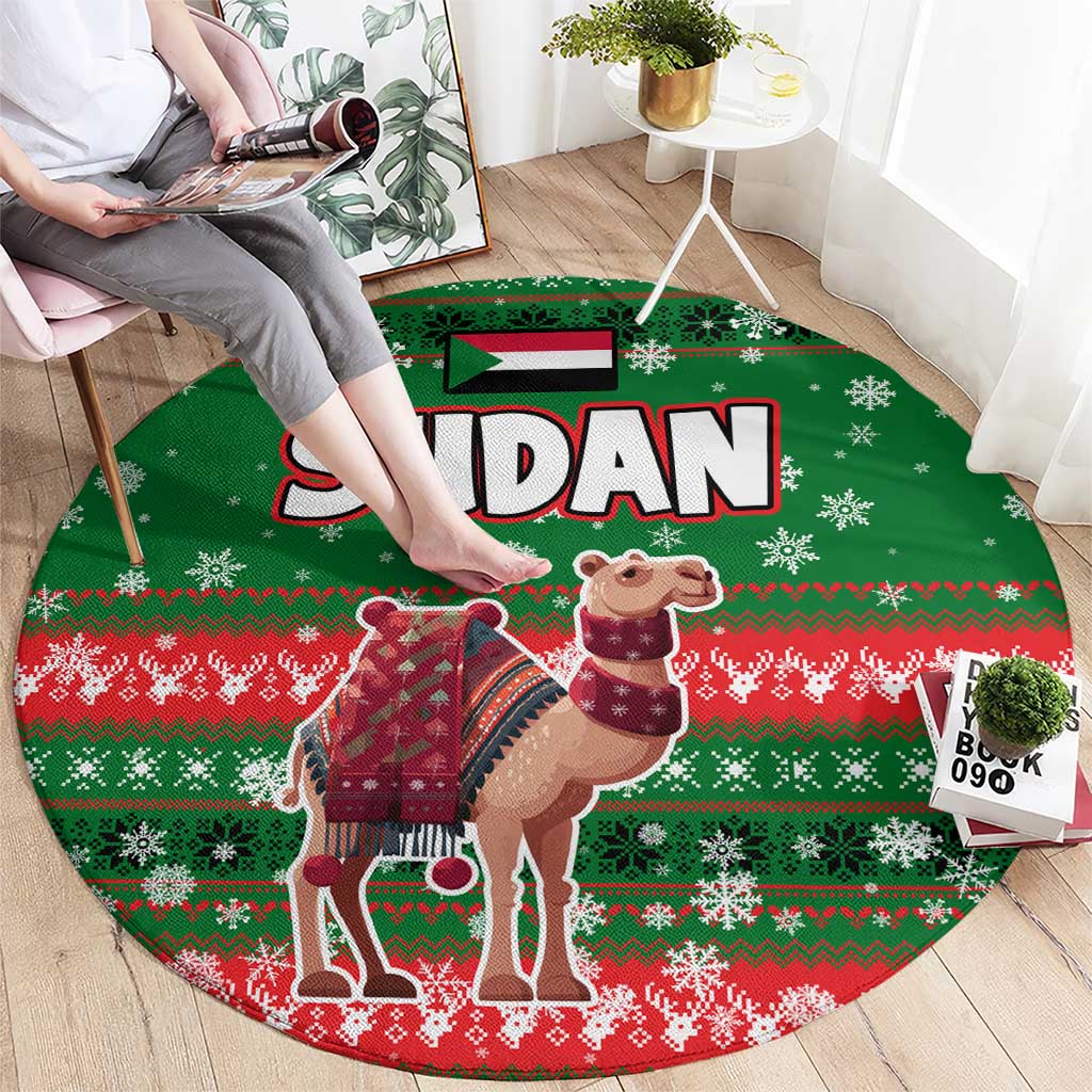 Sudan Christmas Round Carpet with Green Red Xmas Camel Snowflake and Coat of Arms - Wonder Print Shop