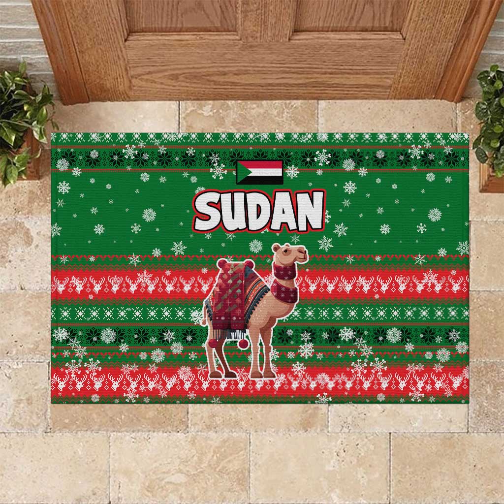 Sudan Christmas Rubber Doormat with Green Red Xmas Camel Snowflake and Coat of Arms - Wonder Print Shop