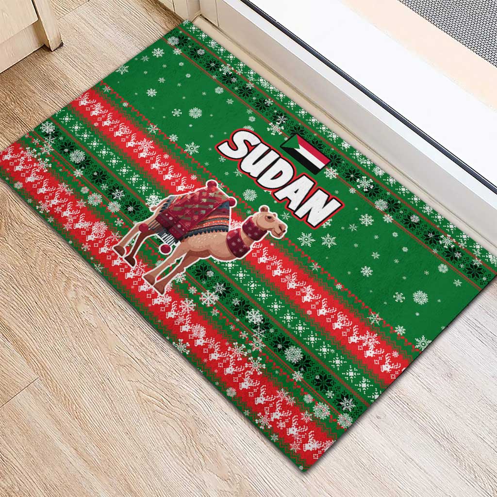 Sudan Christmas Rubber Doormat with Green Red Xmas Camel Snowflake and Coat of Arms - Wonder Print Shop