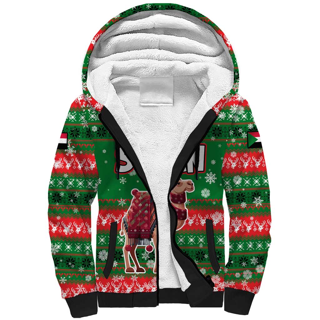 Sudan Christmas Sherpa Hoodie with Green Red Xmas Camel Snowflake and Coat of Arms - Wonder Print Shop