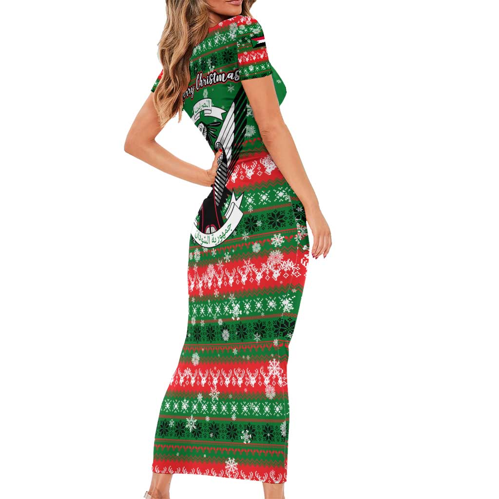 Sudan Christmas Short Sleeve Bodycon Dress with Green Red Xmas Camel Snowflake and Coat of Arms - Wonder Print Shop