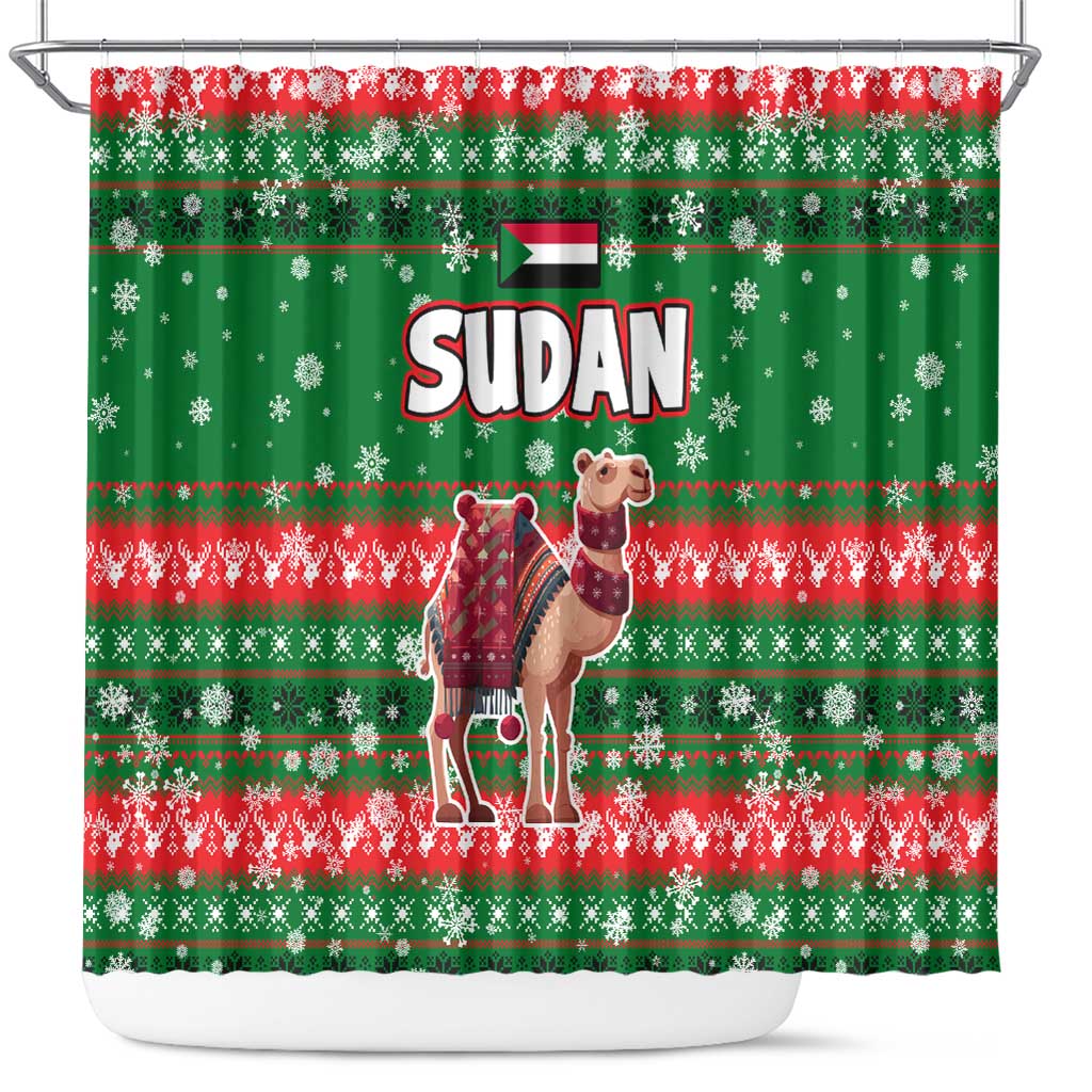 Sudan Christmas Shower Curtain with Green Red Xmas Camel Snowflake and Coat of Arms - Wonder Print Shop