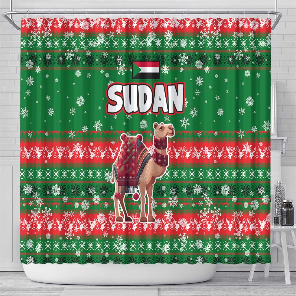 Sudan Christmas Shower Curtain with Green Red Xmas Camel Snowflake and Coat of Arms - Wonder Print Shop