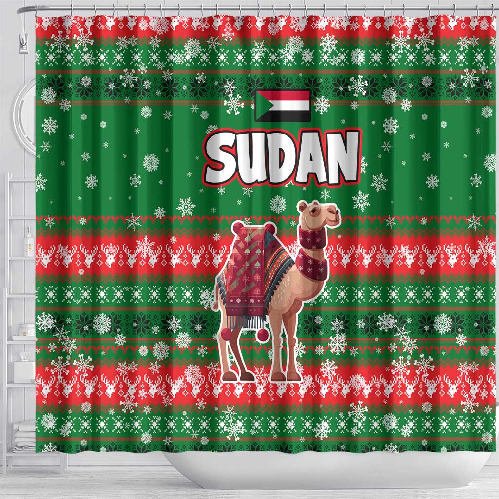 Sudan Christmas Shower Curtain with Green Red Xmas Camel Snowflake and Coat of Arms - Wonder Print Shop