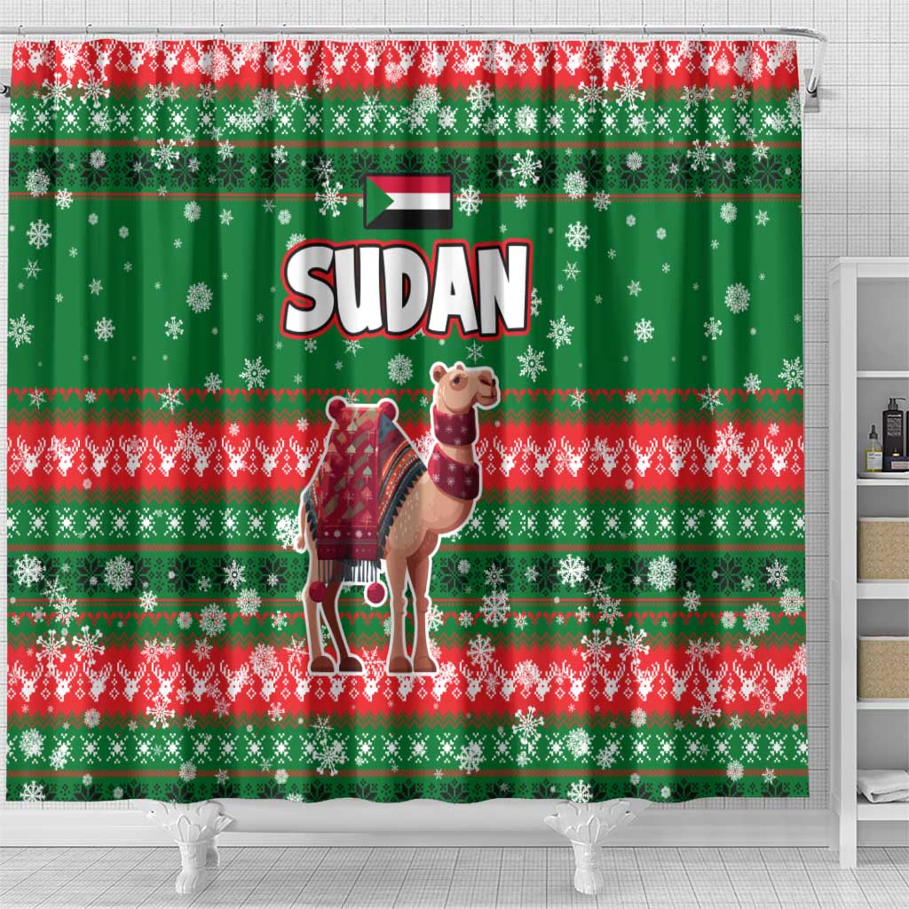 Sudan Christmas Shower Curtain with Green Red Xmas Camel Snowflake and Coat of Arms - Wonder Print Shop