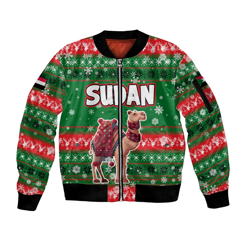 Sudan Christmas Sleeve Zip Bomber Jacket with Green Red Xmas Camel Snowflake and Coat of Arms - Wonder Print Shop