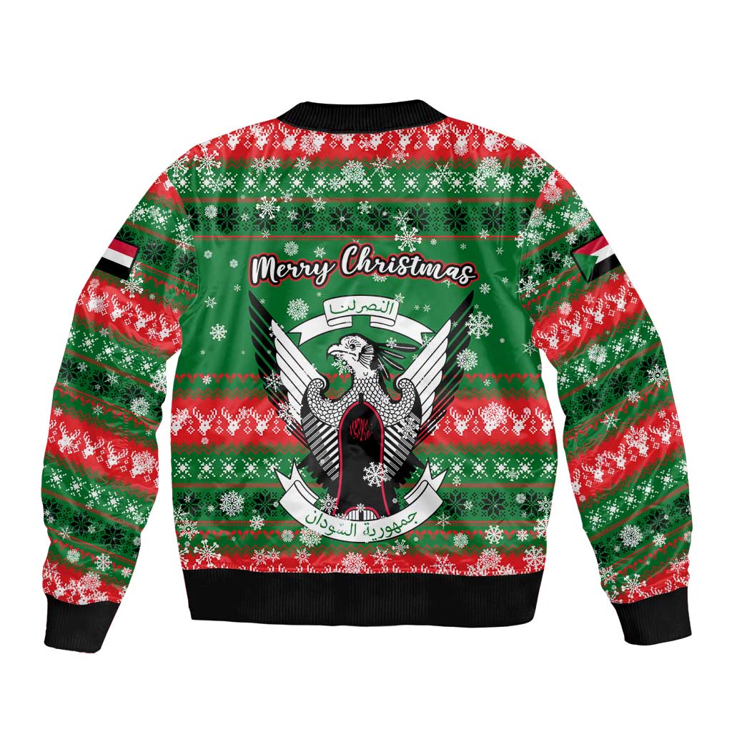 Sudan Christmas Sleeve Zip Bomber Jacket with Green Red Xmas Camel Snowflake and Coat of Arms - Wonder Print Shop