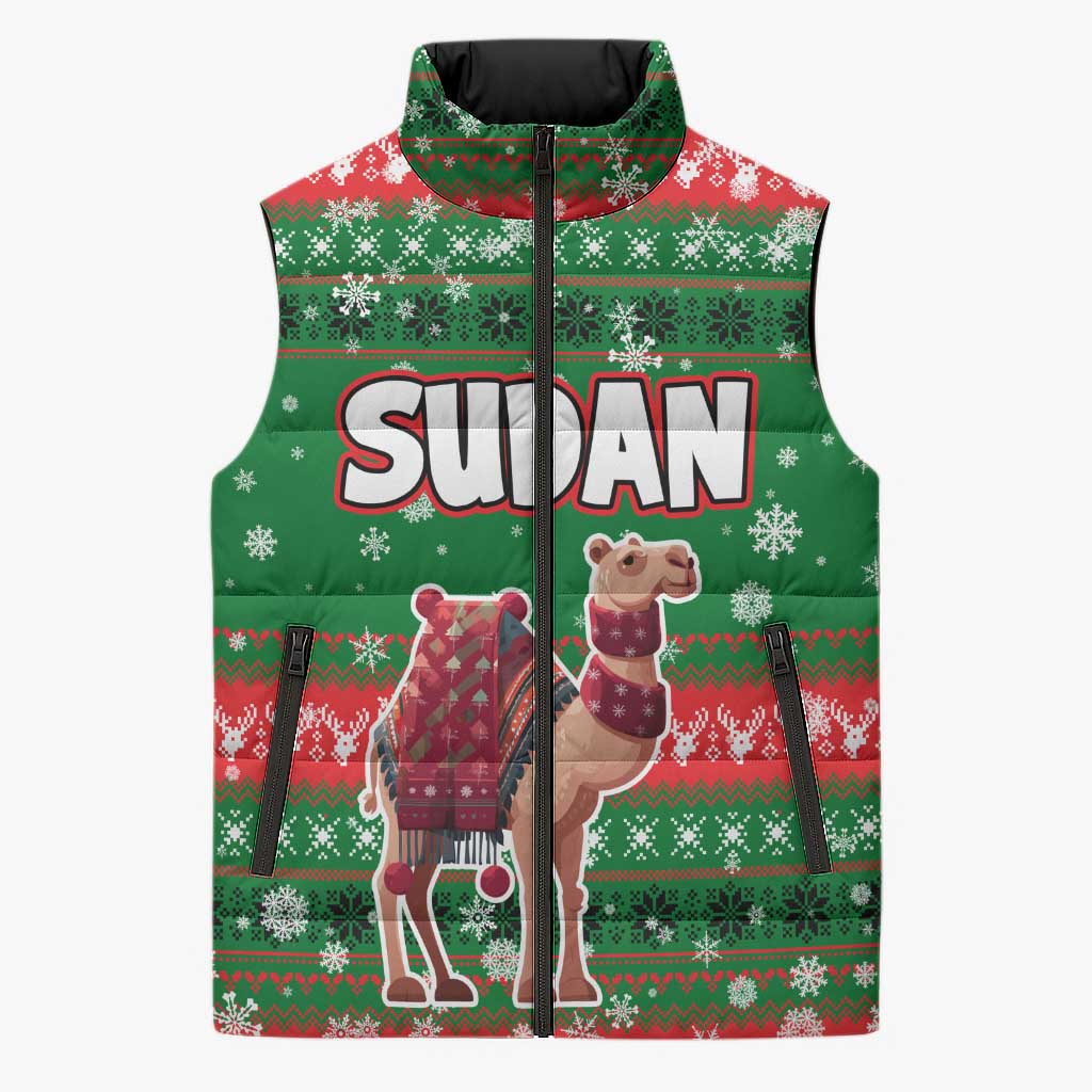 Sudan Christmas Sleeveless Puffer Jacket with Green Red Xmas Camel Snowflake and Coat of Arms - Wonder Print Shop