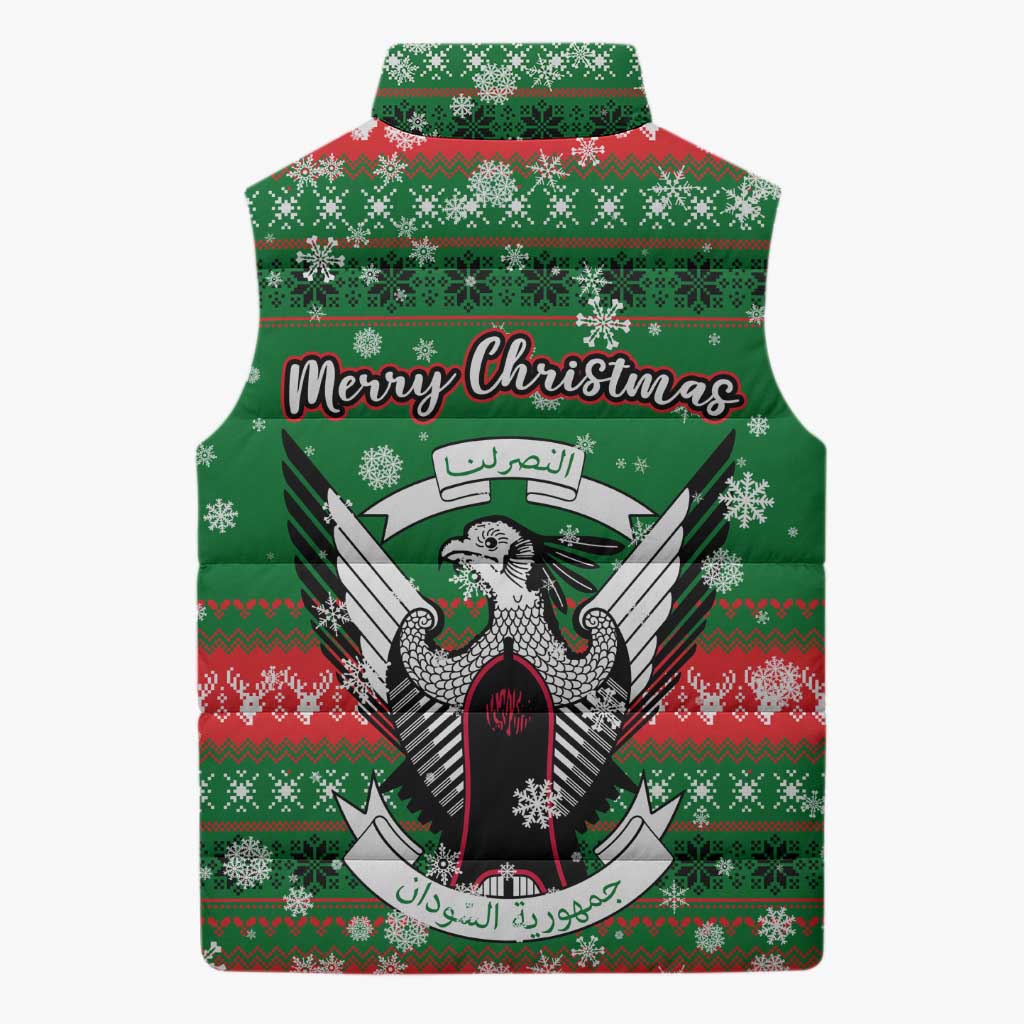 Sudan Christmas Sleeveless Puffer Jacket with Green Red Xmas Camel Snowflake and Coat of Arms - Wonder Print Shop
