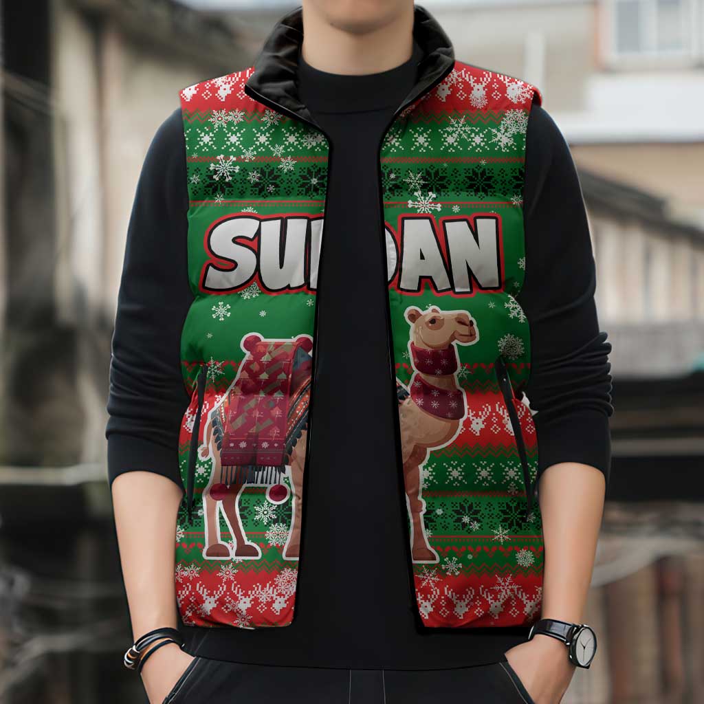 Sudan Christmas Sleeveless Puffer Jacket with Green Red Xmas Camel Snowflake and Coat of Arms - Wonder Print Shop