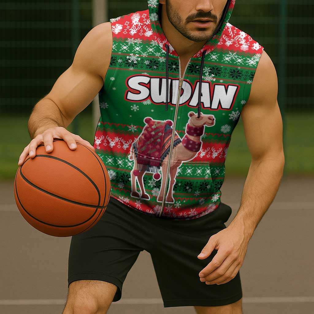 Sudan Christmas Sleeveless Zip Hoodie with Green Red Xmas Camel Snowflake and Coat of Arms - Wonder Print Shop