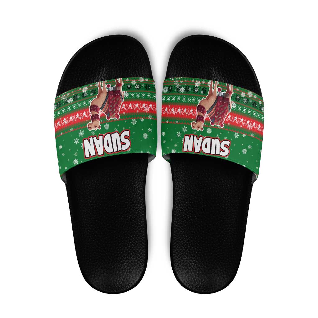Sudan Christmas Slide Sandals with Green Red Xmas Camel Snowflake and Coat of Arms - Wonder Print Shop