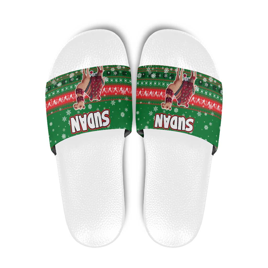 Sudan Christmas Slide Sandals with Green Red Xmas Camel Snowflake and Coat of Arms - Wonder Print Shop