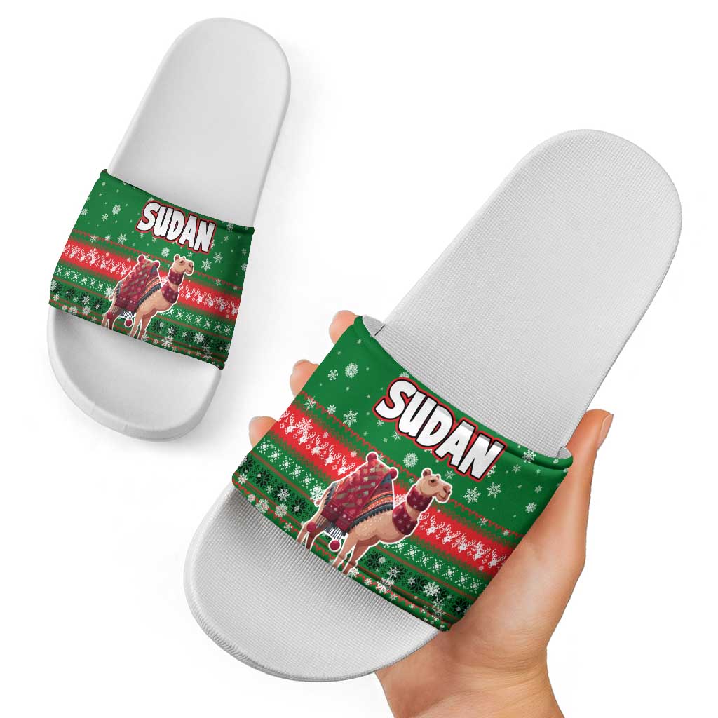 Sudan Christmas Slide Sandals with Green Red Xmas Camel Snowflake and Coat of Arms - Wonder Print Shop