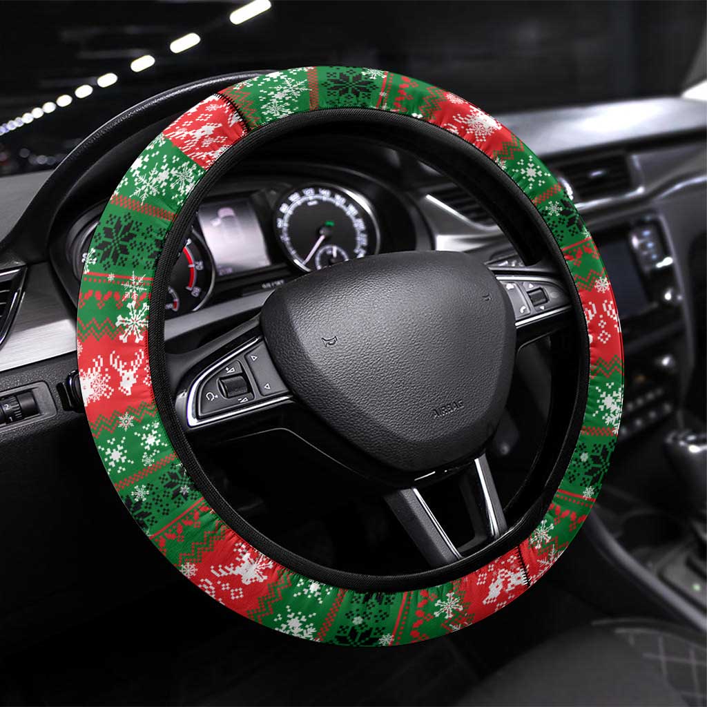 Sudan Christmas Steering Wheel Cover with Green Red Xmas Camel Snowflake and Coat of Arms - Wonder Print Shop