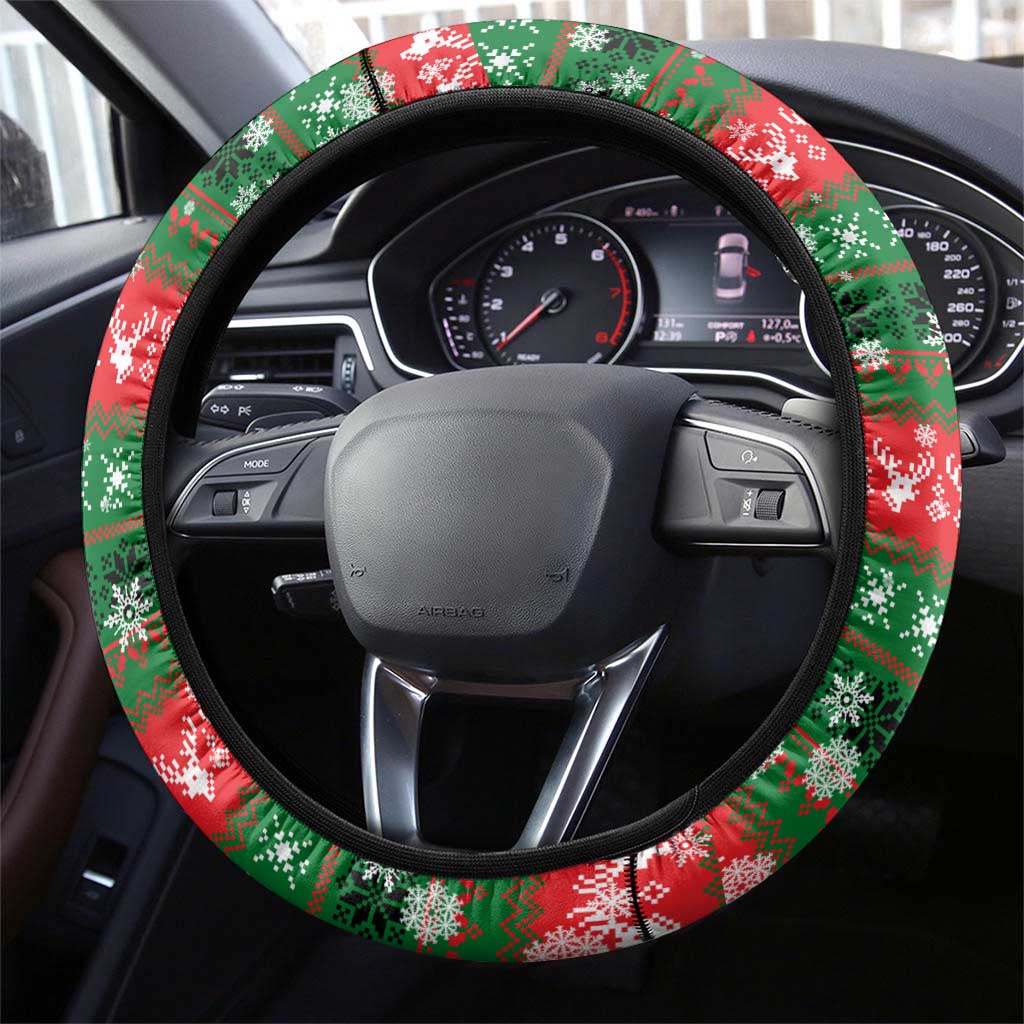 Sudan Christmas Steering Wheel Cover with Green Red Xmas Camel Snowflake and Coat of Arms - Wonder Print Shop