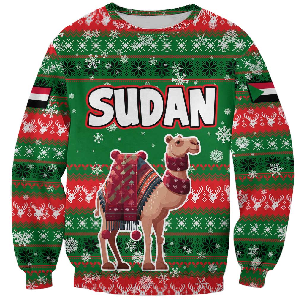 Sudan Christmas Sweatshirt with Green Red Xmas Camel Snowflake and Coat of Arms - Wonder Print Shop